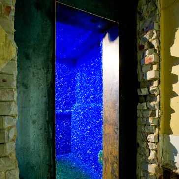 blue crystals through a doorway